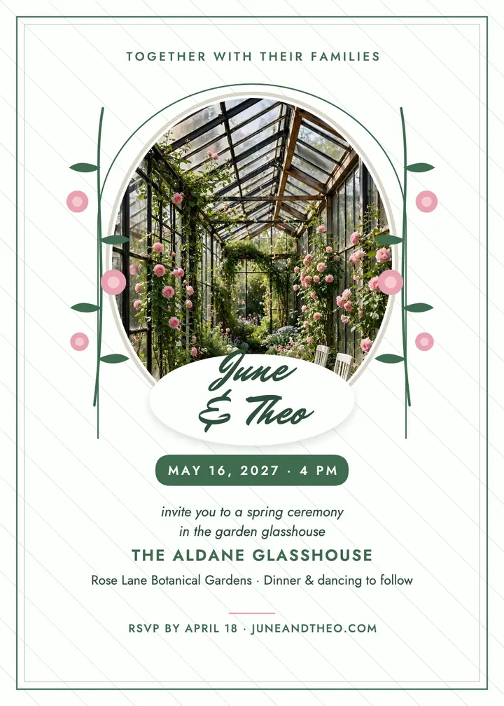 Aldane greenhouse garden invitation: greenhouse wedding invitation template