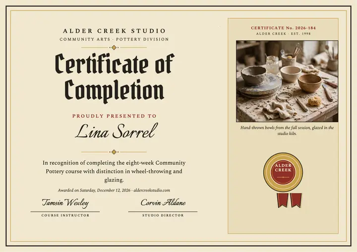 Alder Creek pottery course certificate template