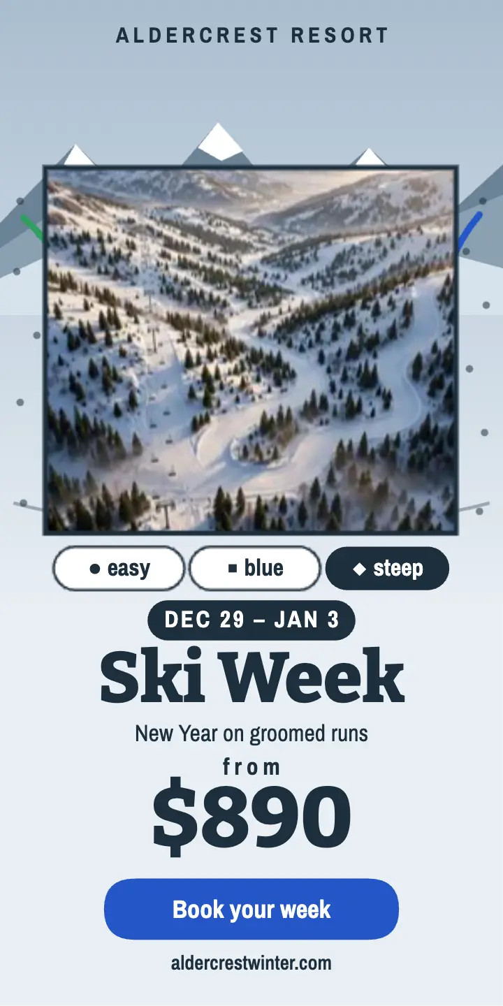 Aldercrest New Year ski week panorama ad: ski week ad template