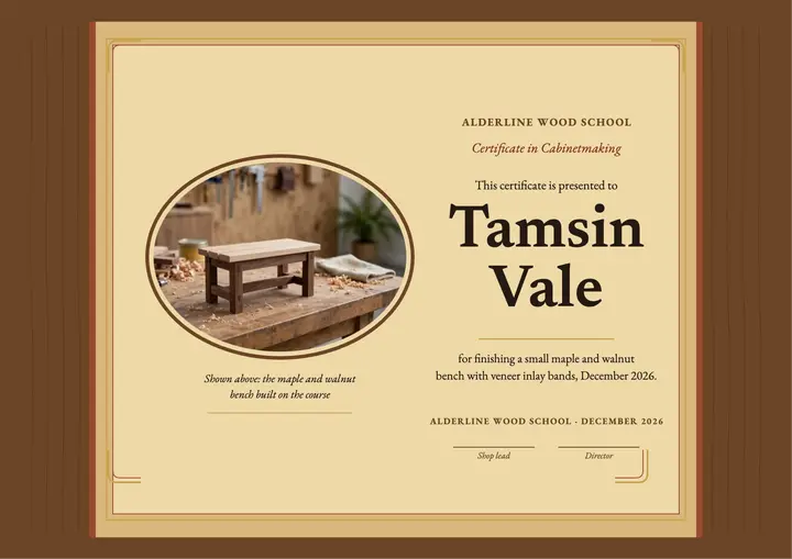Alderline cabinetmaking certificate with bench template