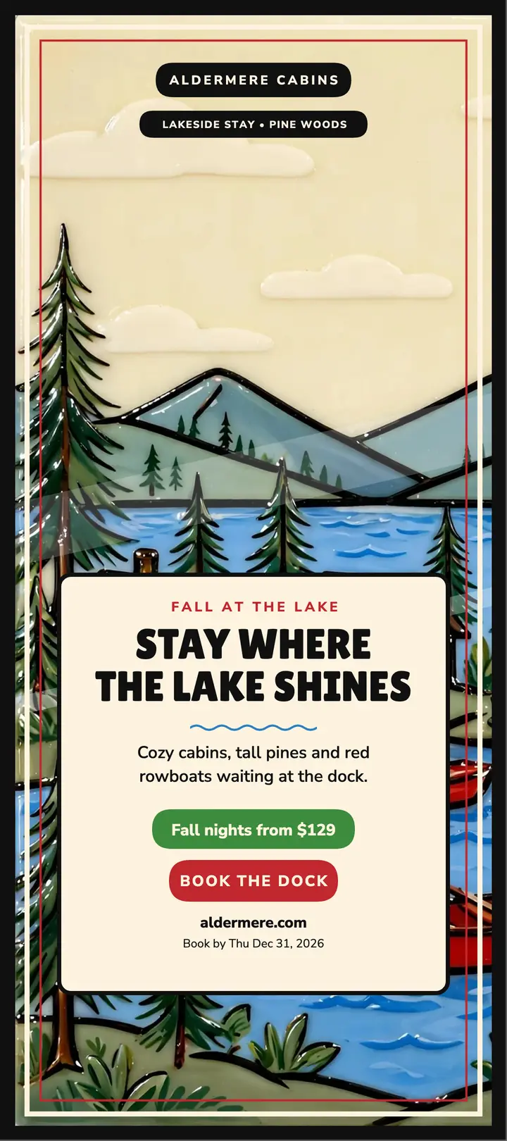 Aldermere Cabins lakeside stay rack card template