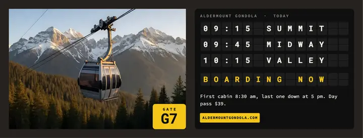 Aldermount Gondola timetable cover, split-flap board template