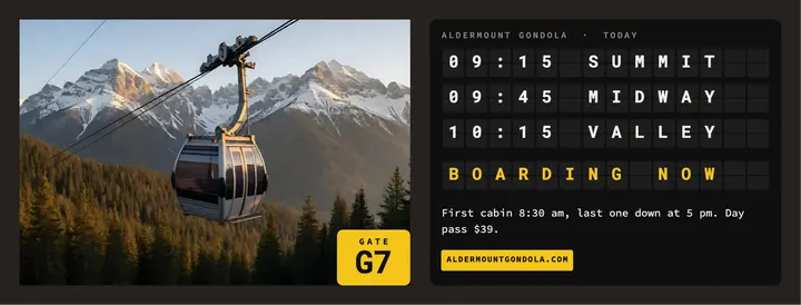Aldermount Gondola timetable cover, split-flap board template