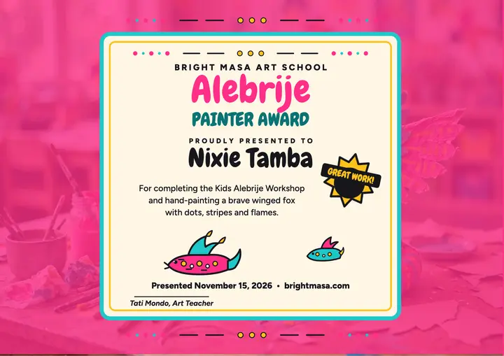 Alebrije painter award certificate, winged fox template