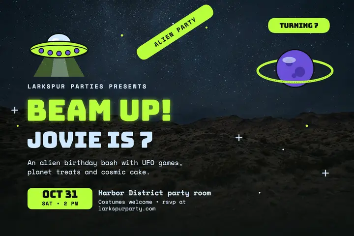 Jovie alien birthday party postcard template