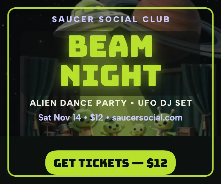 Saucer Social Club Beam Night rectangle ad: alien dj night ad template