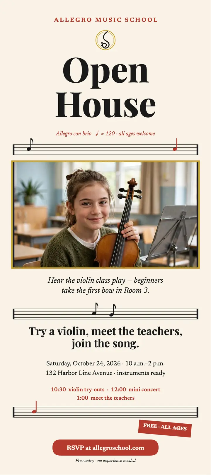 Allegro Music School open house rack card template