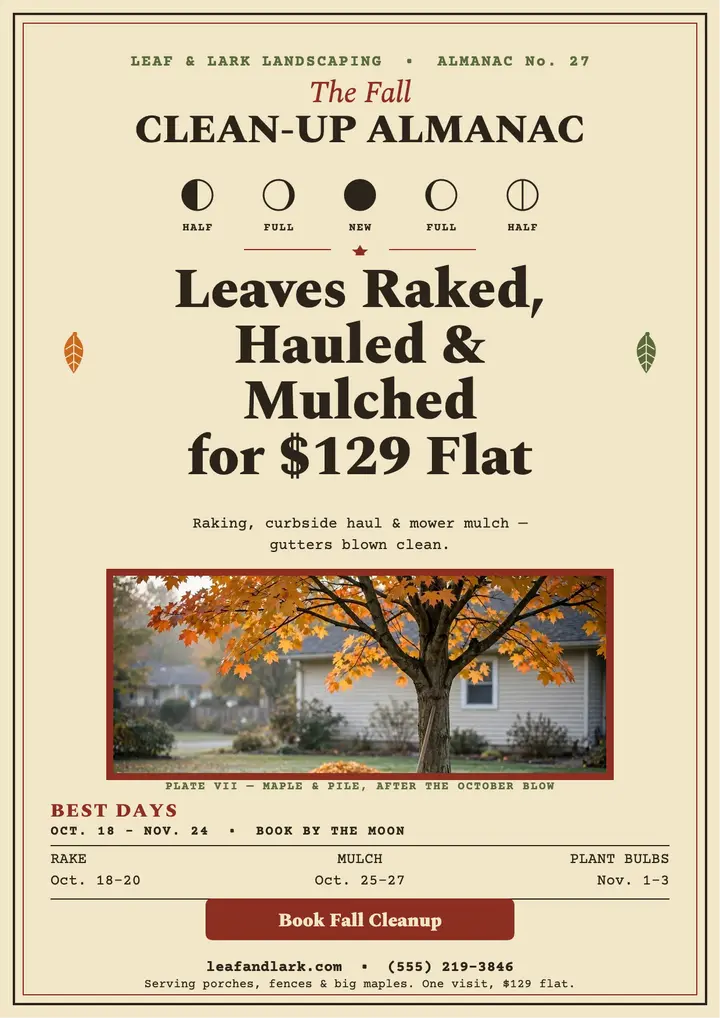 Leaf and Lark fall cleanup almanac flyer: leaf cleanup flyer template