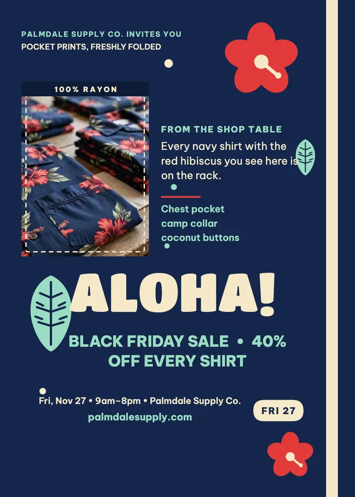 Palmdale aloha shirt Black Friday invitation template
