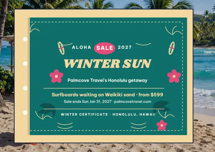 Palmcove Honolulu winter sale certificate template
