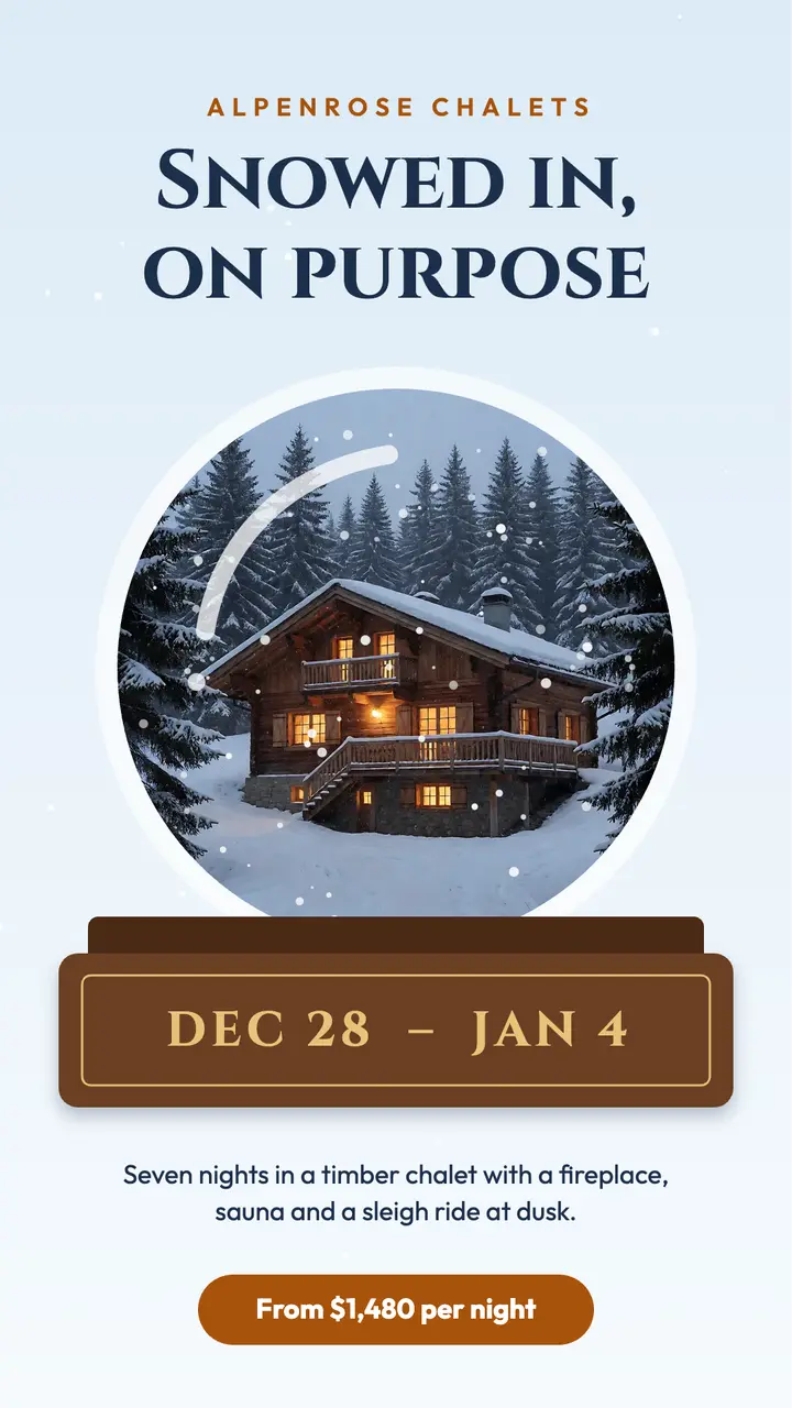 Alpenrose Chalets New Year week story, snow globe template