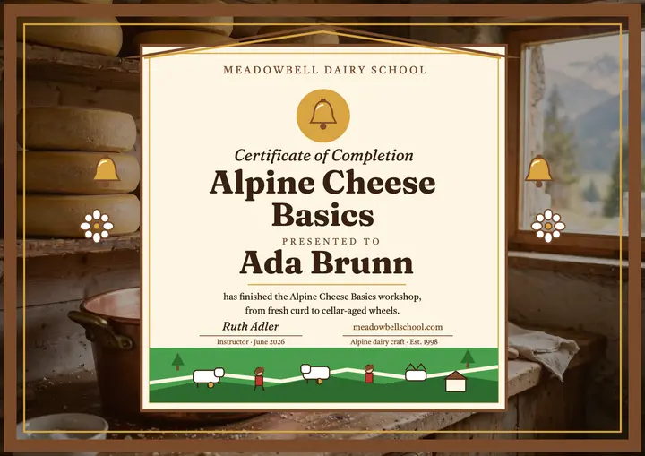 Meadowbell alpine cheese certificate: cheese workshop certificate template