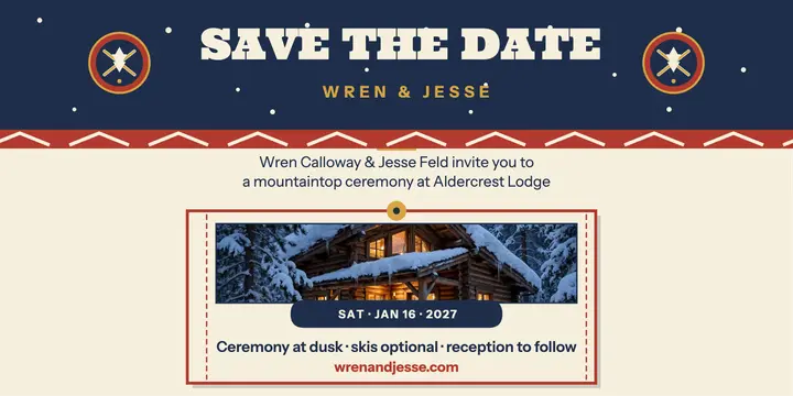 Alpine lodge wedding save the date: ski lodge save the date template