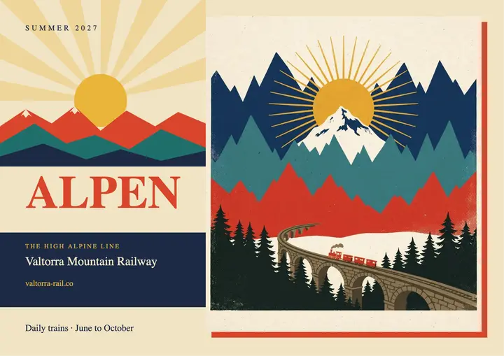 Alpine railway screenprint travel poster: travel poster template