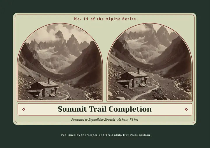 Alpine trail completion certificate, stereoview card: hiking completion certificate template