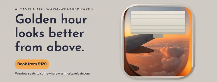 Altavela Air golden hour window seat fare cover template