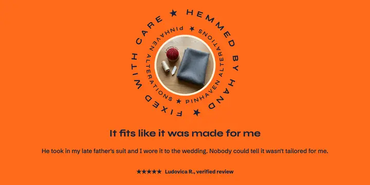 Pinhaven Alterations customer review post, orbiting text rings template