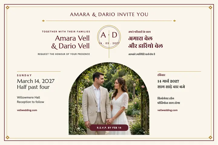 Amara and Dario bilingual wedding postcard template