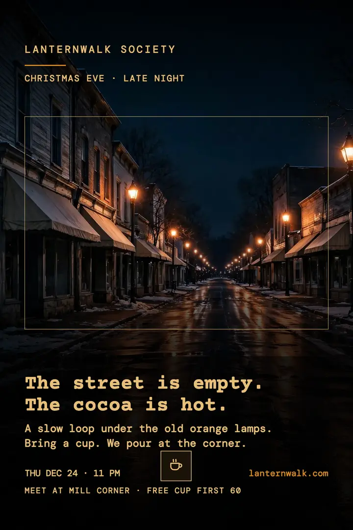 Amber cocoa walk poster, lamplit street template