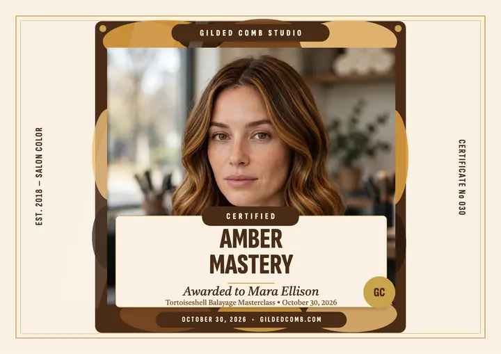 Amber balayage masterclass certificate, Gilded Comb: salon certificate template