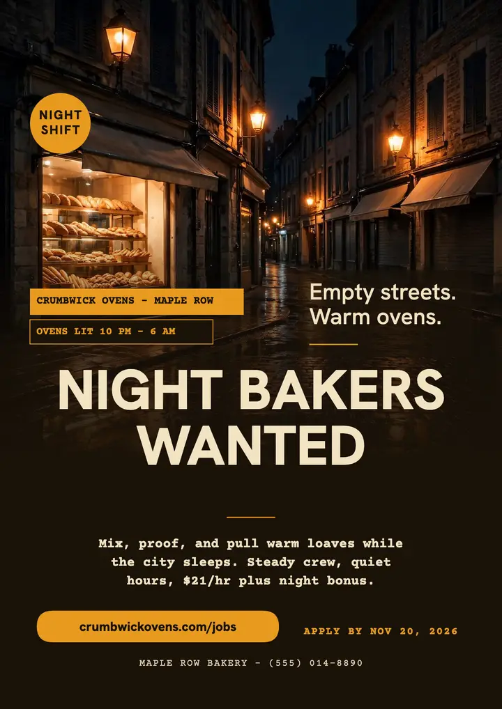 Crumbwick night bakers hiring flyer: baker hiring flyer template