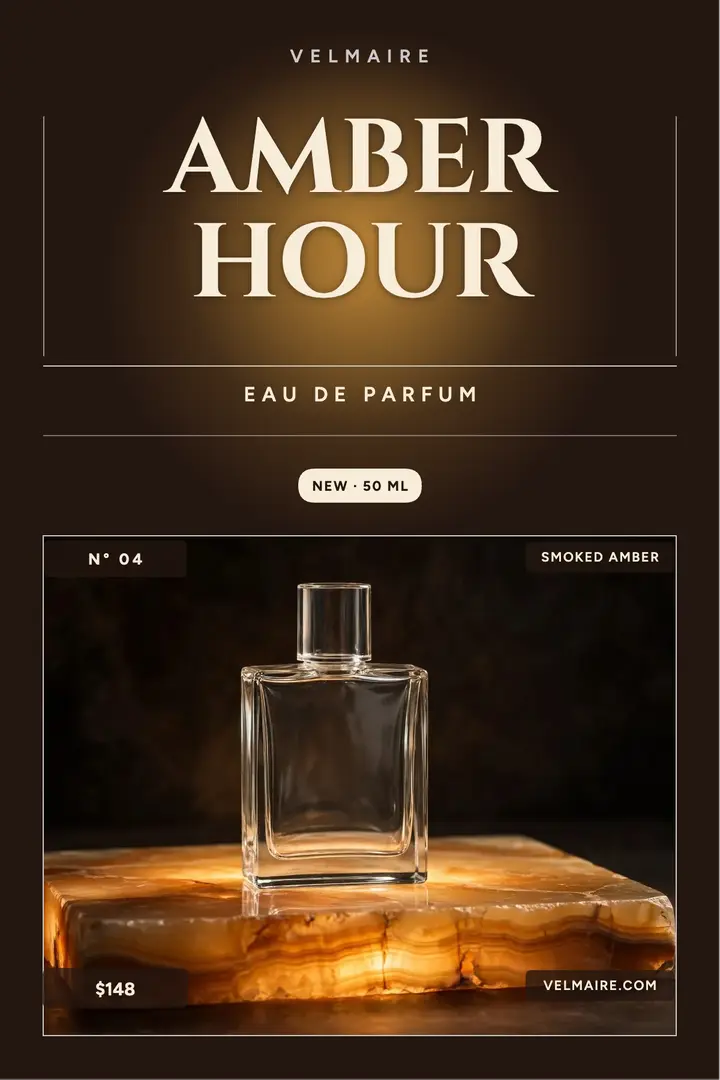 Velmaire Amber Hour perfume poster: perfume launch poster template