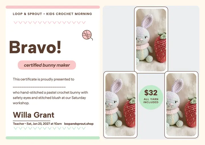 Bunny crochet workshop certificate, Loop and Sprout template