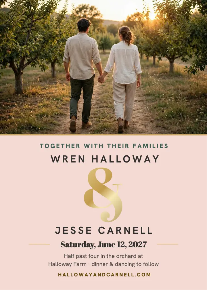 Orchard wedding invitation with gold ampersand: wedding invitation template