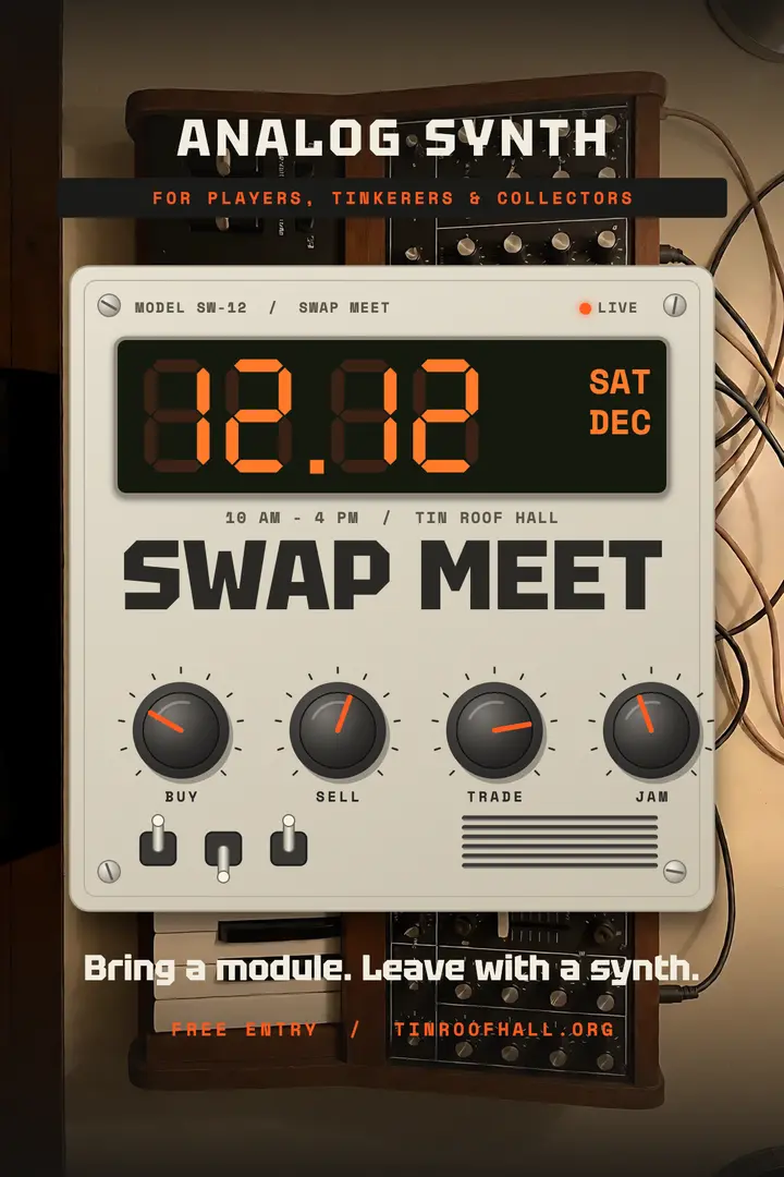 Analog synth swap meet poster, hardware panel template