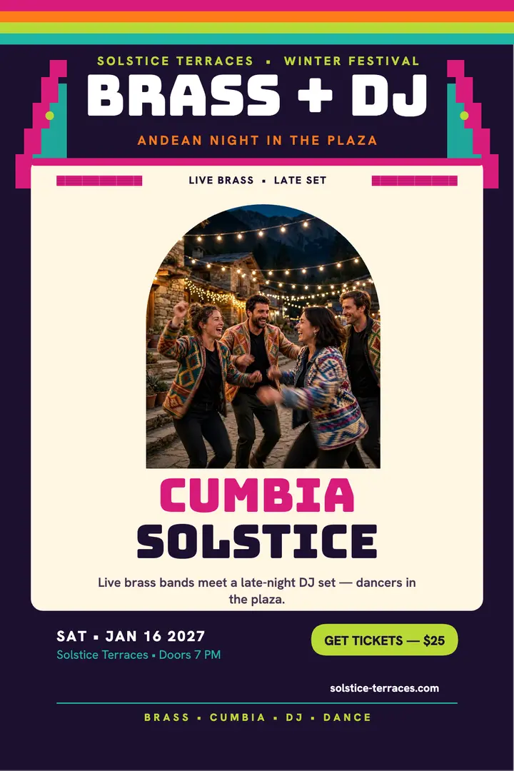 Cumbia Solstice Andean brass festival poster template