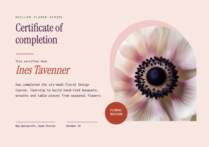 Quillow floral design course certificate, macro bloom template