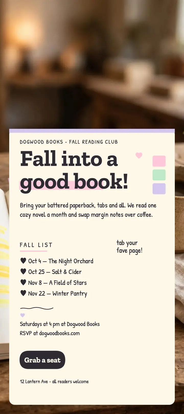 Dogwood Books fall reading club card template