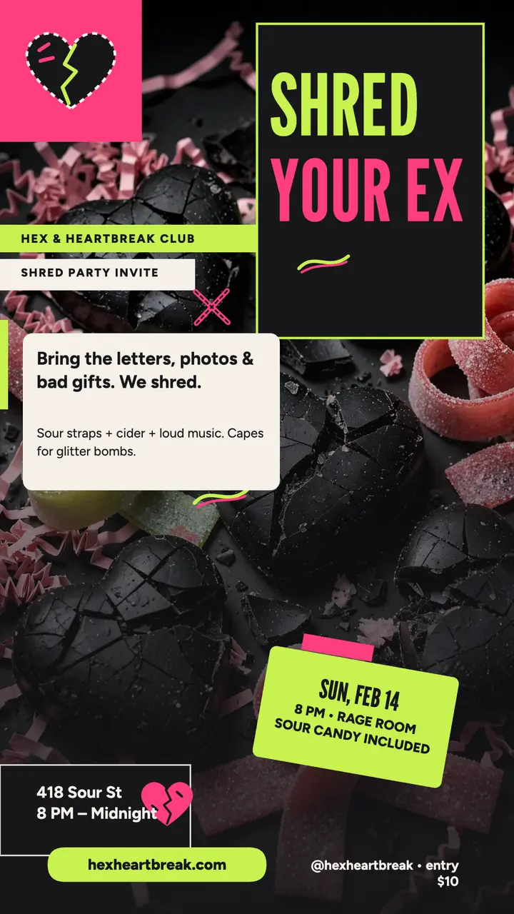 Hex and Heartbreak shred party story: anti-valentine party invite template