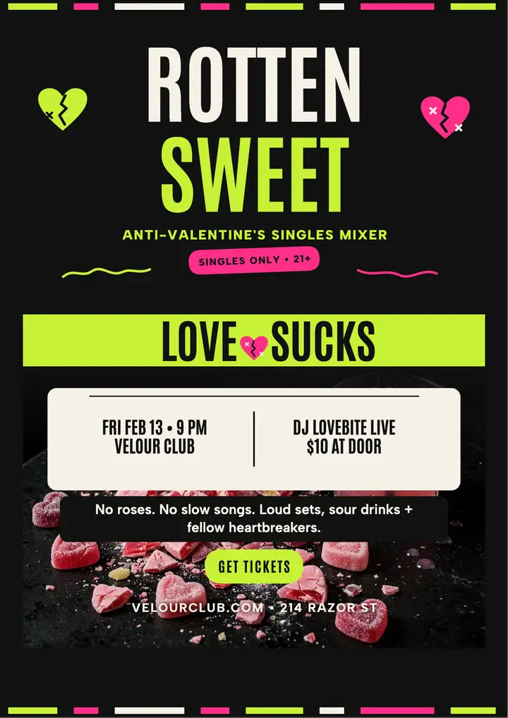 Rotten Sweet anti-Valentine mixer flyer template
