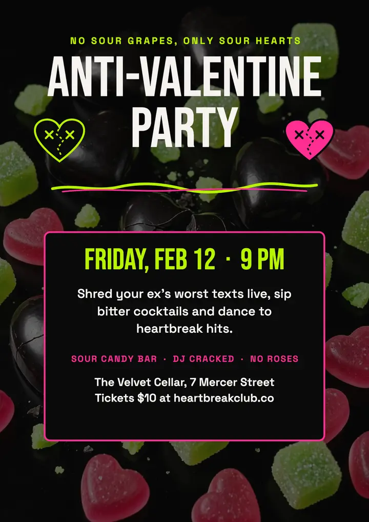 Heartbreak Club anti-Valentine party flyer: anti valentine's party flyer template