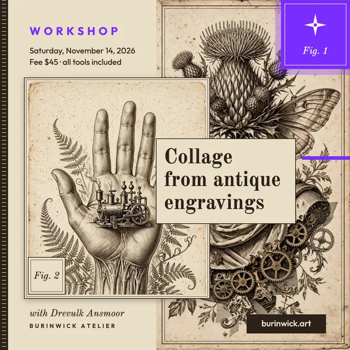 Antique engraving collage workshop post: collage workshop post template