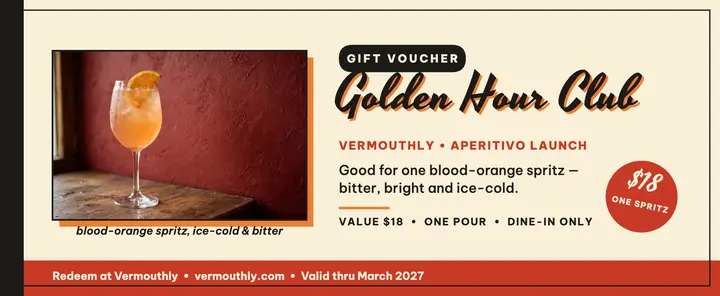 Vermouthly Golden Hour spritz voucher: spritz gift voucher template