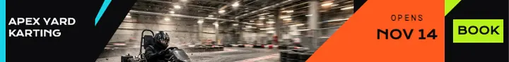 Apex Yard Karting opening leaderboard ad: indoor karting opening ad template