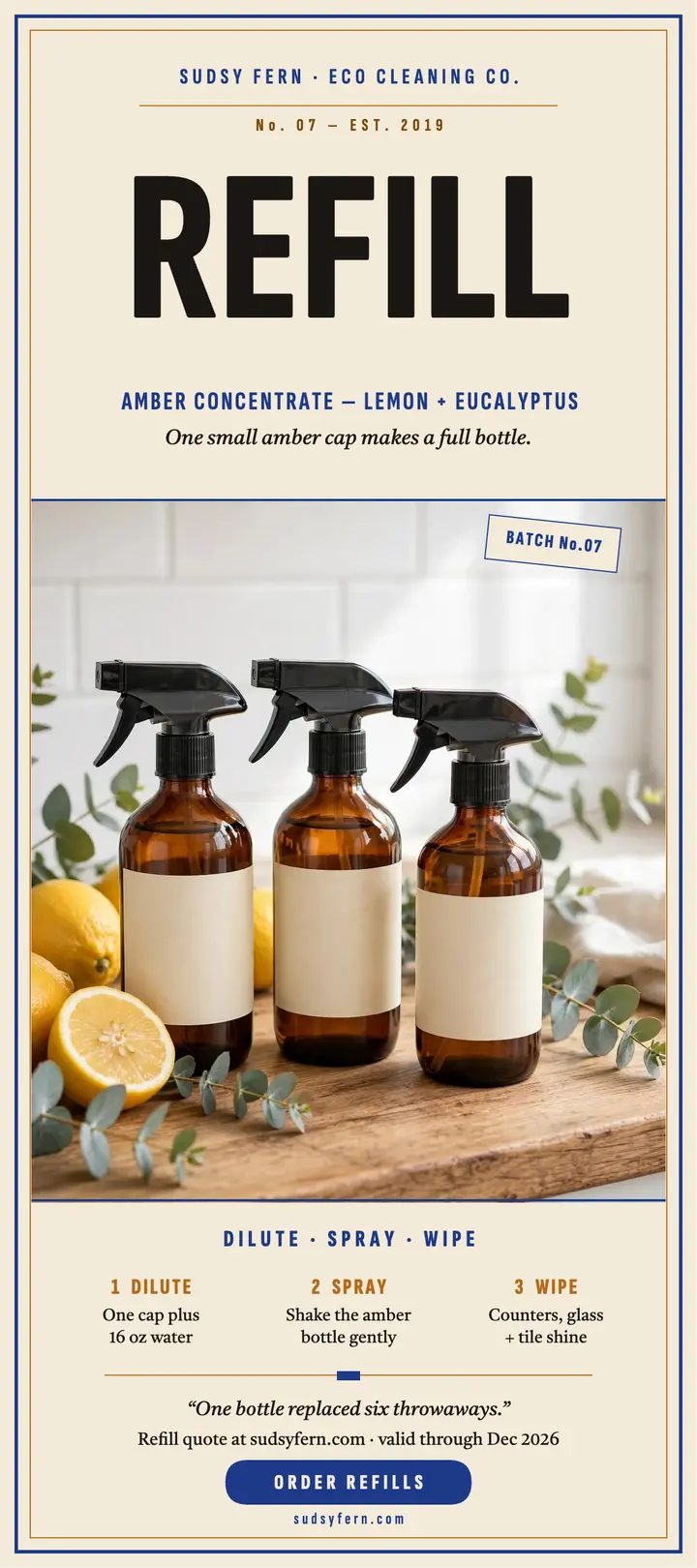 Sudsy Fern refill concentrate rack card: cleaning refill rack card template
