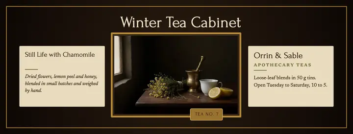 Orrin & Sable apothecary tea Facebook cover, Old Masters still life template