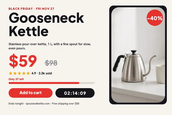 Black Friday kettle flash sale postcard, Spout & Kettle template