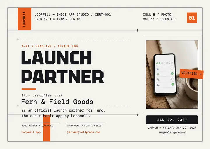Loopwell Tend launch partner certificate: launch partner certificate template