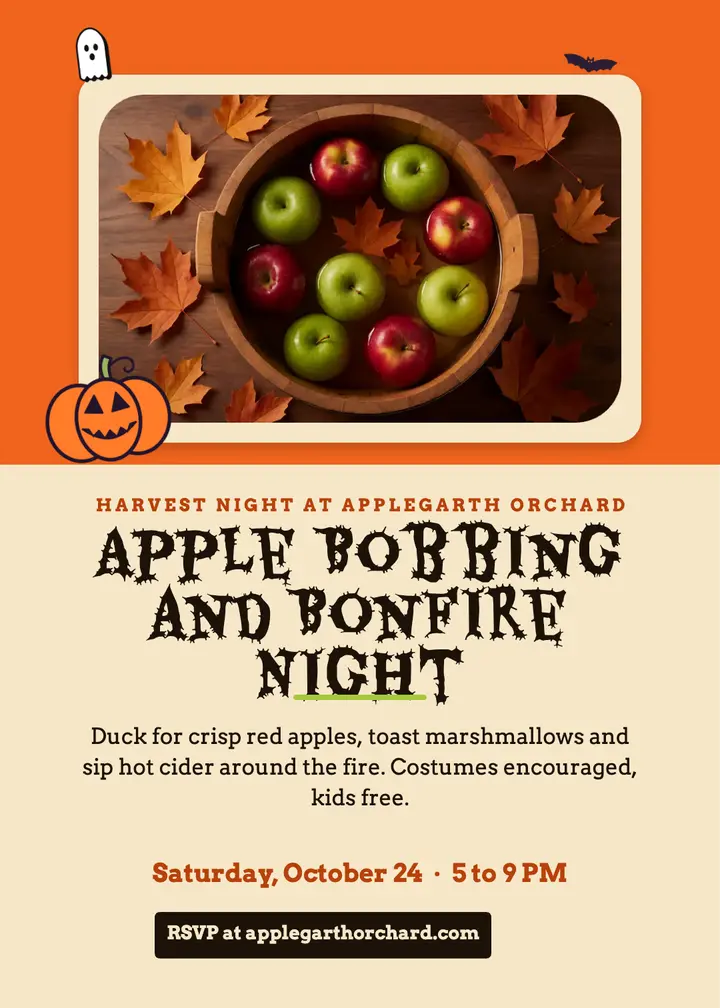 Applegarth Orchard apple bobbing Halloween invitation, vintage die-cut template
