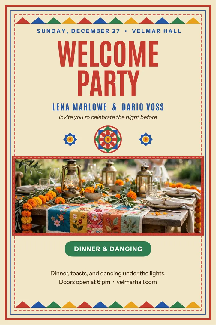Lena and Dario applique welcome party poster: wedding welcome poster template
