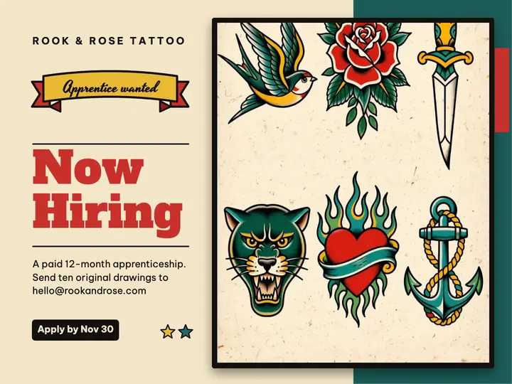 Tattoo apprentice hiring slide, flash sheet template
