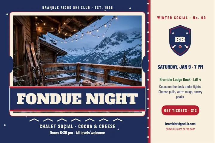 Bramble Ridge fondue night postcard: ski club social postcard template