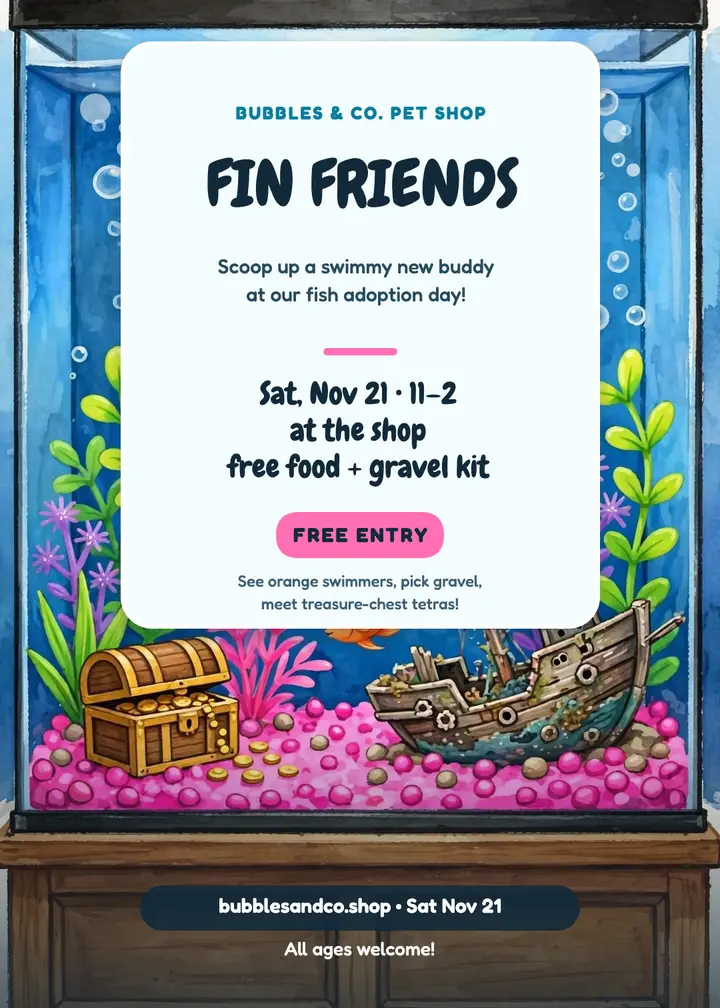 Fin Friends fish adoption day invite: fish adoption invitation template