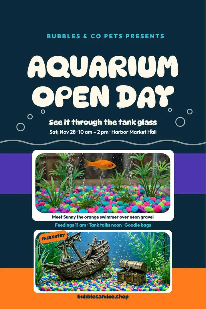 Bubbles and Co aquarium open day poster: aquarium open day poster template