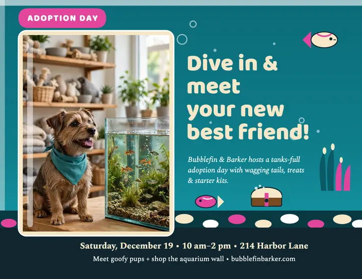 Bubblefin and Barker puppy adoption day flyer template