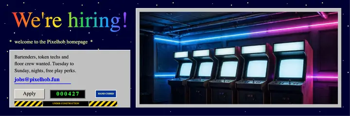 Arcade bar hiring header, 90s web homepage: arcade bar hiring x header template